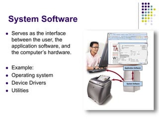 System Software
 Serves as the interface
between the user, the
application software, and
the computer’s hardware.
 Example:
 Operating system
 Device Drivers
 Utilities
 
