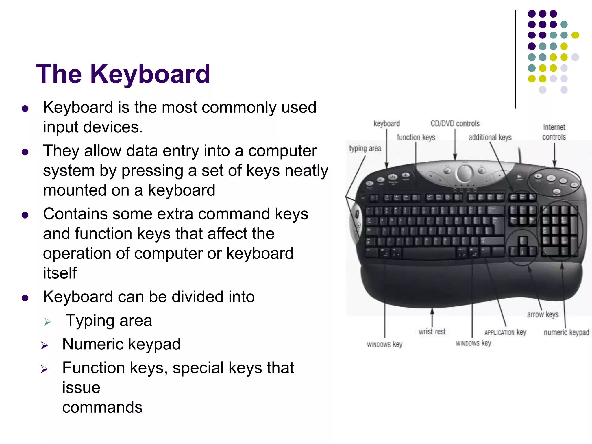 The Keyboard
 Keyboard is the most commonly used
input devices.
 They allow data entry into a computer
system by pressing a set of keys neatly
mounted on a keyboard
 Contains some extra command keys
and function keys that affect the
operation of computer or keyboard
itself
 Keyboard can be divided into
 Typing area
 Numeric keypad
 Function keys, special keys that
issue
commands
 
