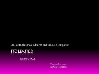 One of India's most admired and valuable companies 
ITC LIMITED 
ENSURING VALUE 
Presented by:- anu n s 
GKMCMT COLLEGE 
 