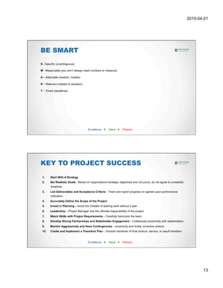 2015-04-21
13
BE SMART
Excellence w Value w Passion
S - Specific (unambiguous)
M - Measurable (you don’t always need numbers to measure)
A – Attainable (realistic, doable)
R – Relevant (related to situation)
T – Timed (deadlines)
KEY TO PROJECT SUCCESS
Excellence w Value w Passion
1.  Start With A Strategy
2.  Set Realistic Goals - Based on organizations strategic objectives and not yours; do not agree to unrealistic
timelines
3.  List Deliverables and Acceptance Criteria – Track and report progress on agreed upon performance
indicators
4.  Accurately Define the Scope of the Project
5.  Invest in Planning – Avoid the mistake of starting work without a plan
6.  Leadership – Project Manager has the ultimate responsibility of the project
7.  Match Skills with Project Requirements – Carefully hand-pick the team
8.  Develop Strong Partnerships and Stakeholder Engagement – Collaborate proactively with stakeholders
9.  Monitor Aggressively and Have Contingencies – proactivity and timely corrective actions
10.  Create and Implement a Transition Plan – Smooth handover of final product, service, or result transition
 