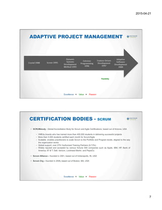 2015-04-21
7
ADAPTIVE PROJECT MANAGEMENT
Excellence w Value w Passion
Flexibility
CERTIFICATION BODIES - SCRUM
•  SCRUMstudy - Global Accreditation Body for Scrum and Agile Certifications, based out of Arizona, USA
-  VMEdu brands who has trained more than 400,000 students in delivering successful projects
-  More than 5,000 students certified each month for Scrum/Agile
-  Scalable, enables practitioners to scale Scrum to the Portfolio and Program levels, aligned to the way
the organization works
-  Global support, over 275+ Authorized Training Partners (A.T.Ps)
-  Widely reputed and accepted by various fortune 500 companies such as Apple, IBM, HP, Bank of
America, AT & T, Dell, Verizon, Lockheed Martin, and PepsiCo
•  Scrum Alliance – founded in 2001, based out of Indianapolis, IN, USA
•  Scrum Org – founded in 2009, based out of Boston, MA, USA
Excellence w Value w Passion
 