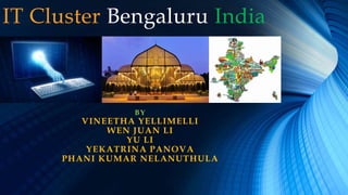 IT Cluster Bengaluru India
BY
VINEETHA YELLIMELLI
WEN JUAN LI
YU LI
YEKATRINA PANOVA
PHANI KUMAR NELANUTHULA
 