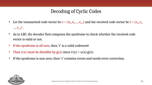 Error Control Codes or Channel Codes - Cyclic Codes | PPTX