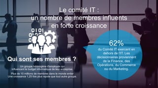 6 
Le comité IT : 
un nombre de membres influents 
en forte croissance 
Qui sont ses membres ? 
Un groupe hétérogène d'employés qui 
influencent le budget informatique de leur entreprise. 
Plus de 10 millions de membres dans le monde entier 
Une croissance 1,25 fois plus rapide que tout autre groupe. 
62% 
du Comité IT exercent en 
dehors de l’IT. Les 
décisionnaires proviennent 
de la Finance, des 
Opérations, du Commerce 
ou du Marketing. 
 