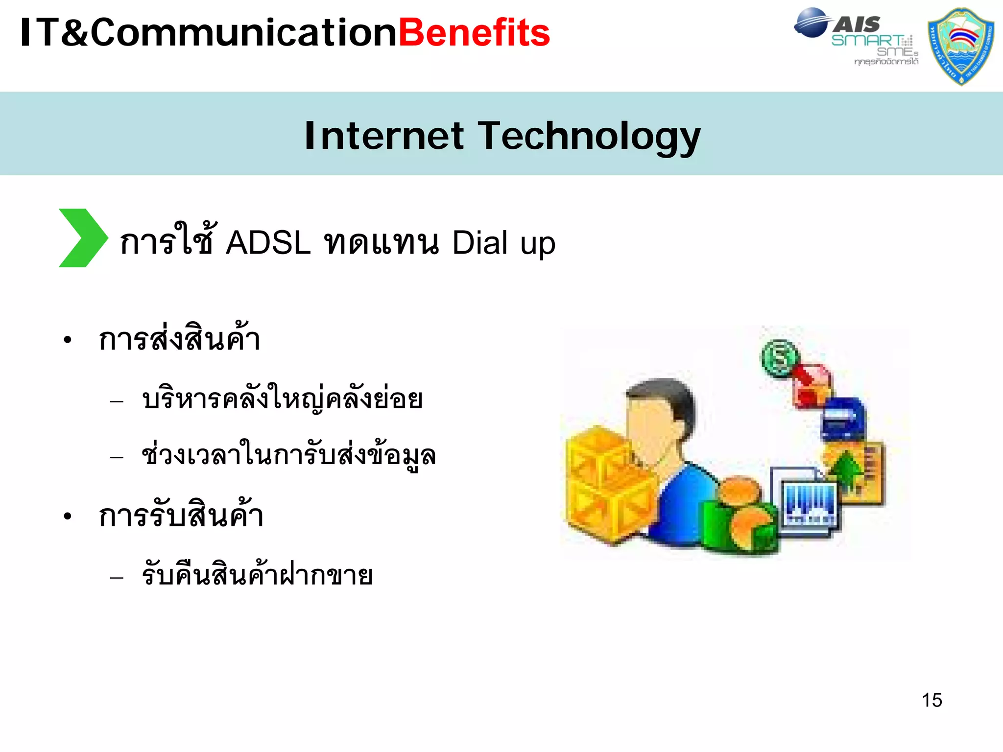 IT&CommunicationBenefits

                   Internet Technology

     การใช ADSL ทดแทน Dial up
 • การสงสินคา
    – บริหารคลังใหญคลังยอย
    – ชวงเวลาในการับสงขอมูล
 • การรับสินคา
    – รับคืนสินคาฝากขาย


                                         15
 