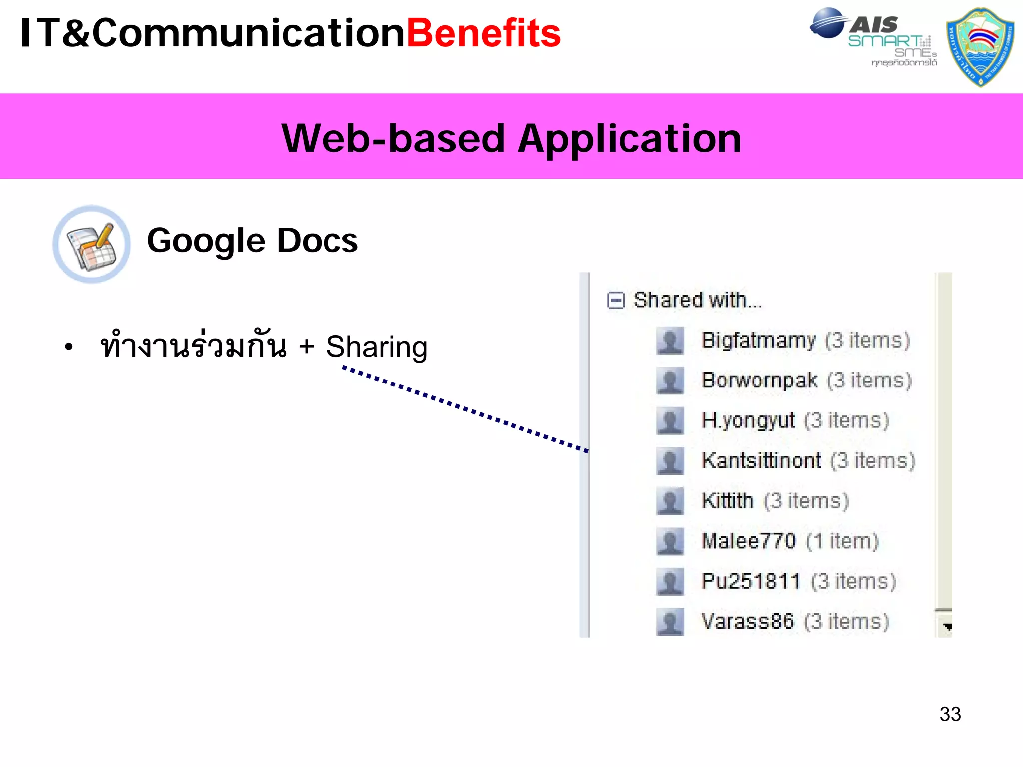 IT&CommunicationBenefits

               Web-based Application

      Google Docs


 • ทํางานรวมกัน + Sharing




                                       33
 
