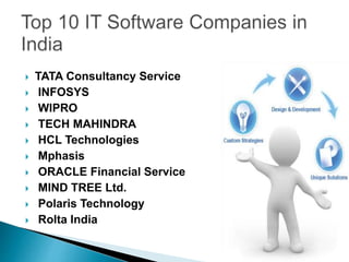  TATA Consultancy Service
 INFOSYS
 WIPRO
 TECH MAHINDRA
 HCL Technologies
 Mphasis
 ORACLE Financial Service
 MIND TREE Ltd.
 Polaris Technology
 Rolta India
 