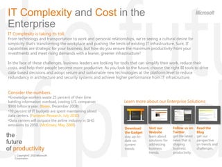 the  future  of  productivity IT Complexity  and  Cost  in the Enterprise  IT Complexity is taking its toll.  From technology and transportation to work and personal relationships, we ’re seeing a cultural desire for simplicity that’s transforming the workplace and pushing the limits of existing IT infrastructure. Sure, IT capabilities are strategic for your business, but how do you ensure the maximum productivity from your investments and meet rising demands with a leaner, greener infrastructure? In the face of these challenges, business leaders are looking for tools that can simplify their work, reduce their costs, and help their people become more productive. As you look to the future, choose the right BI tools to drive data-based decisions and adopt secure and sustainable new technologies at the platform level to reduce redundancy in architecture and security systems and achieve higher performance from IT infrastructure.  ,[object Object],[object Object],[object Object],[object Object],Learn more about our Enterprise Solutions : Read the Blog  get our perspective on trends and challenges. Download the Gadget  stay up-to-date on current trends. Visit our Website  learn about solutions for addressing business trends. Follow us on Twitter  get the latest news that is shaping  business productivity. 