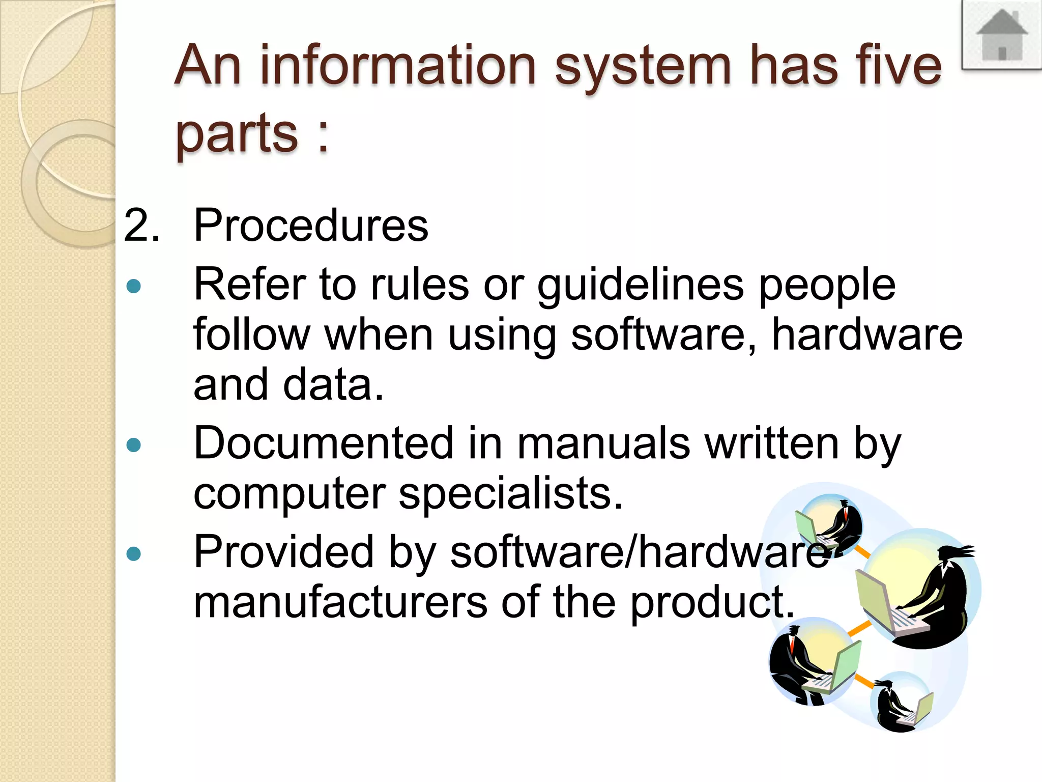 An information system has five
parts :
2. Procedures
Refer to rules or guidelines people
follow when using software, hardware
and data.
Documented in manuals written by
computer specialists.
Provided by software/hardware
manufacturers of the product.