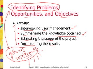 Kendall & Kendall Copyright © 2014 Pearson Education, Inc. Publishing as Prentice Hall 1-10
Identifying Problems,
Opportunities, and Objectives
• Activity:
• Interviewing user management
• Summarizing the knowledge obtained
• Estimating the scope of the project
• Documenting the results
 