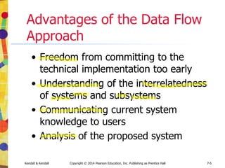 Kendall & Kendall Copyright © 2014 Pearson Education, Inc. Publishing as Prentice Hall 7-5
Advantages of the Data Flow
Approach
• Freedom from committing to the
technical implementation too early
• Understanding of the interrelatedness
of systems and subsystems
• Communicating current system
knowledge to users
• Analysis of the proposed system
 