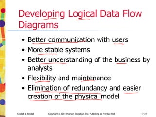 Kendall & Kendall Copyright © 2014 Pearson Education, Inc. Publishing as Prentice Hall 7-34
Developing Logical Data Flow
Diagrams
• Better communication with users
• More stable systems
• Better understanding of the business by
analysts
• Flexibility and maintenance
• Elimination of redundancy and easier
creation of the physical model
 