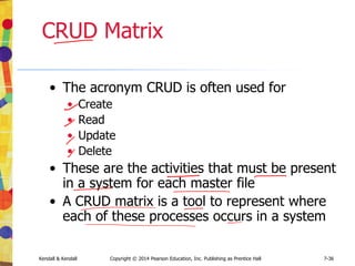Kendall & Kendall Copyright © 2014 Pearson Education, Inc. Publishing as Prentice Hall 7-36
CRUD Matrix
• The acronym CRUD is often used for
• Create
• Read
• Update
• Delete
• These are the activities that must be present
in a system for each master file
• A CRUD matrix is a tool to represent where
each of these processes occurs in a system
 