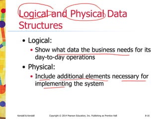 Kendall & Kendall Copyright © 2014 Pearson Education, Inc. Publishing as Prentice Hall 8-16
Logical and Physical Data
Structures
• Logical:
• Show what data the business needs for its
day-to-day operations
• Physical:
• Include additional elements necessary for
implementing the system
 