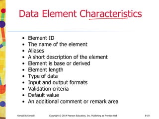 Kendall & Kendall Copyright © 2014 Pearson Education, Inc. Publishing as Prentice Hall 8-19
Data Element Characteristics
• Element ID
• The name of the element
• Aliases
• A short description of the element
• Element is base or derived
• Element length
• Type of data
• Input and output formats
• Validation criteria
• Default value
• An additional comment or remark area
 
