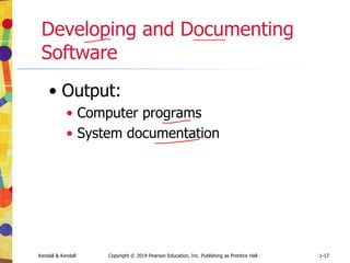 Kendall & Kendall Copyright © 2014 Pearson Education, Inc. Publishing as Prentice Hall 1-17
Developing and Documenting
Software
• Output:
• Computer programs
• System documentation
 