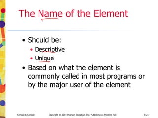 Kendall & Kendall Copyright © 2014 Pearson Education, Inc. Publishing as Prentice Hall 8-21
The Name of the Element
• Should be:
• Descriptive
• Unique
• Based on what the element is
commonly called in most programs or
by the major user of the element
 