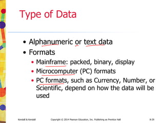 Kendall & Kendall Copyright © 2014 Pearson Education, Inc. Publishing as Prentice Hall 8-29
Type of Data
• Alphanumeric or text data
• Formats
• Mainframe: packed, binary, display
• Microcomputer (PC) formats
• PC formats, such as Currency, Number, or
Scientific, depend on how the data will be
used
 