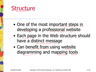11-16
Kendall & Kendall Copyright © 2014 Pearson Education, Inc. Publishing as Prentice Hall 11-16
Structure
• One of the most important steps in
developing a professional website
• Each page in the Web structure should
have a distinct message
• Can benefit from using website
diagramming and mapping tools
 