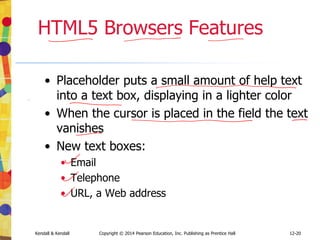 12-20
Kendall & Kendall Copyright © 2014 Pearson Education, Inc. Publishing as Prentice Hall
HTML5 Browsers Features
• Placeholder puts a small amount of help text
into a text box, displaying in a lighter color
• When the cursor is placed in the field the text
vanishes
• New text boxes:
• Email
• Telephone
• URL, a Web address
 