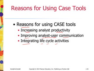 Kendall & Kendall Copyright © 2014 Pearson Education, Inc. Publishing as Prentice Hall 1-25
Reasons for Using Case Tools
• Reasons for using CASE tools
• Increasing analyst productivity
• Improving analyst-user communication
• Integrating life cycle activities
 