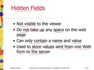 12-32
Kendall & Kendall Copyright © 2014 Pearson Education, Inc. Publishing as Prentice Hall
Hidden Fields
• Not visible to the viewer
• Do not take up any space on the web
page
• Can only contain a name and value
• Used to store values sent from one Web
form to the server
 