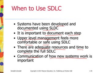 Kendall & Kendall Copyright © 2014 Pearson Education, Inc. Publishing as Prentice Hall 1-35
When to Use SDLC
• Systems have been developed and
documented using SLDC
• It is important to document each step
• Upper level management feels more
comfortable or safe using SDLC
• There are adequate resources and time to
complete the full SDLC
• Communication of how new systems work is
important
 