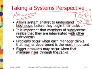 Kendall & Kendall Copyright © 2014 Pearson Education, Inc. Publishing as Prentice Hall 4-2
Objectives
• Recognize the value of interactive methods for
information gathering.
• Construct interview questions to elicit human
information requirements and structure them in a
way that is meaningful to users.
• Understand the purpose of stories and why they are
useful in systems analysis.
• Understand the concept of JAD and when to use it.
• Write effective questions to survey users about their
work.
• Design and administer effective questionnaires.
 