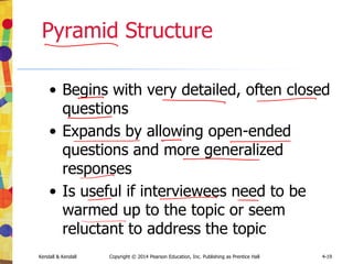 Kendall & Kendall Copyright © 2014 Pearson Education, Inc. Publishing as Prentice Hall 4-19
Pyramid Structure
• Begins with very detailed, often closed
questions
• Expands by allowing open-ended
questions and more generalized
responses
• Is useful if interviewees need to be
warmed up to the topic or seem
reluctant to address the topic
 