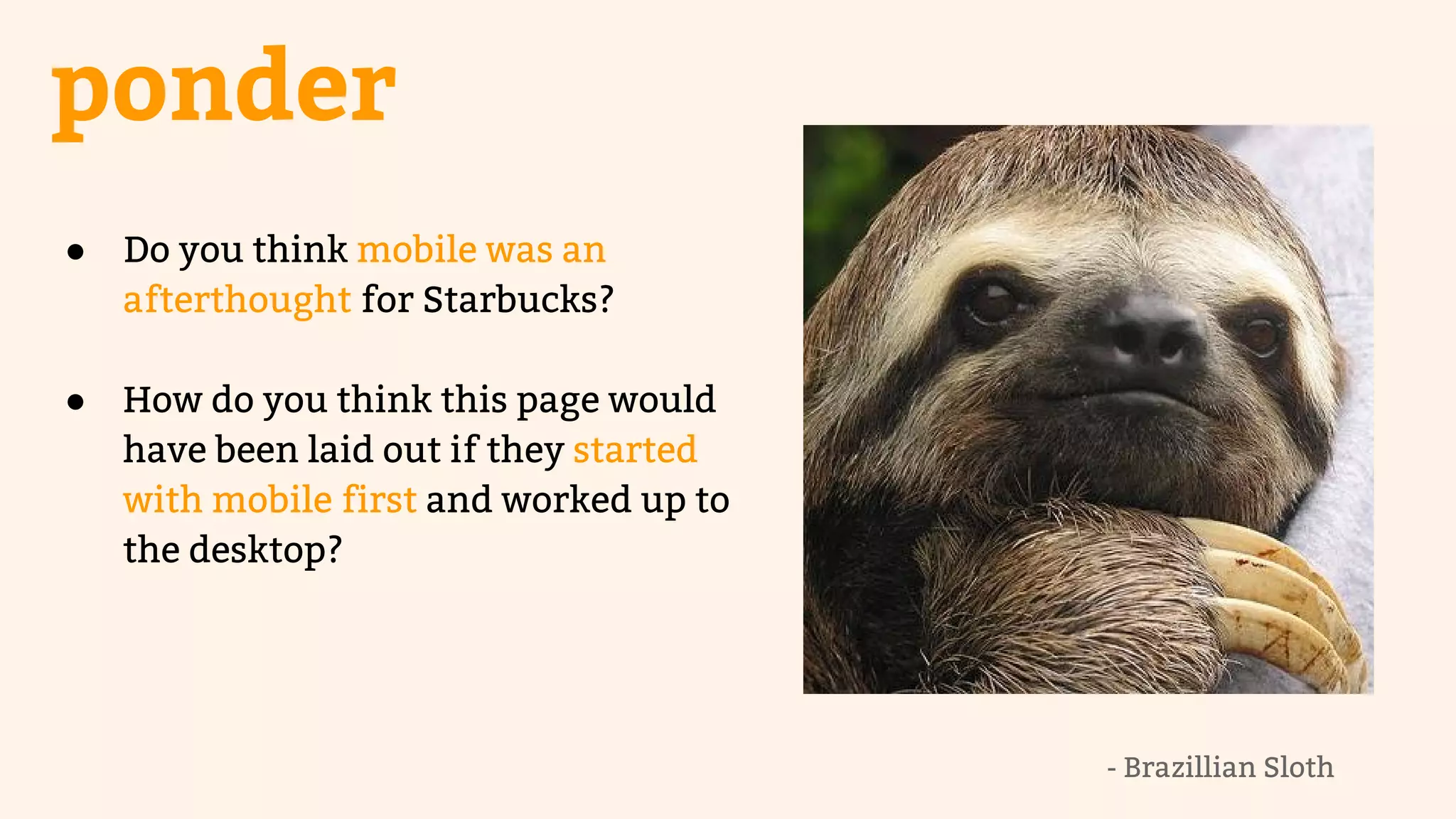 ponder 
● Do you think mobile was an 
afterthought for Starbucks? 
● How do you think this page would 
have been laid out if they started 
with mobile first and worked up to 
the desktop? 
- Brazillian Sloth 
 