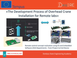 TMM, 21-23 February, 2017
37
«The Development Process of Overhead Crane
Installation for Remote labs»
Remote control concept realization using ES and Embedded
Software (ESA Department). From Project to End Device
Donbass State Engineering Academy
 