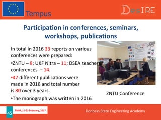 TMM, 21-23 February, 2017
45
Participation in conferences, seminars,
workshops, publications
In total in 2016 33 reports on various
conferences were prepared:
•ZNTU – 8; UKF Nitra – 11; DSEA teachers
conferences – 14.
•47 different publications were
made in 2016 and total number
is 80 over 3 years.
•The monograph was written in 2016
Donbass State Engineering Academy
ZNTU Conference
 