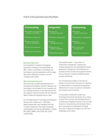 Full IT Life Cycle Services Portfolio
Business Approach
As the leading IT consultant and integrator
specialising in efficiency and sustainability, we
offer a distinct combination of knowledge and
technology to provide organisations with the edge
they need to effectively compete in an ever-
changing world market.
Why Schneider Electric?
Why should you consider Schneider Electric IT
Consulting and Integration Services? Because your
technology is the foundation of your business, and
your business deserves a world-class partner. We
are a global IT solutions provider with the tools and
talent to deliver the expertise that you need.
Our Schneider Electric IT Consulting and Integration
Services team includes up to 1,900 highly-
skilled professionals, each averaging more than
15 years of experience. We employ recognised
methodologies and hold top certifications, including
ISO 20000, CMMI 3, ISO 27000, ISO 14000,
and ISO 9000.
Our business assets — data centres, IT
infrastructure management, cybersecurity,
software development (nine specialised factories),
applications management, and enterprise and
business services provide fully-equipped solutions
for your business, including complete business
process outsourcing.
Our comprehensive portfolio of services and
solutions covers the full IT life cycle, from planning
to implementation to harnessing next-generation
efficiencies from cloud computing to virtualisation,
from infrastructures to services.
It is this potent combination of talent and
technology that prompts 90 percent of our clients
to renew their contracts with Schneider Electric IT
Consulting and Integration Services. Find out what
they know: that partnering with Schneider Electric
gives businesses and organisations the edge
they need to effectively compete in an ever more
challenging world market.
IT Consulting and Integration Services | 08
Enterprise and business
solutions consulting
Software architecture
IT governance and
security assessment
Technical architecture
Data centre consulting
IT Consulting
Enterprise and business
solutions consulting
Software architecture
IT governance and
security assessment
Technical architecture
Data centre consulting
IT Consulting
Business
process outsourcing
Applications management
Security
operations centre
IT infrastructure
management
Data centre operations
Outsourcing
Enterprise and business
solutions consulting
Software architecture
IT governance and
security assessment
Technical architecture
Data centre consulting
IT Consulting
Third-party
software integration
Software development
Project
management office
Networks and
systems integration
ESB/BPM integration
Integration
 