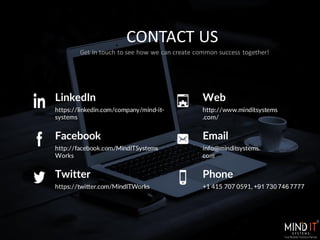CONTACT US
Get In touch to see how we can create common success together!
Web
http://www.minditsystems
.com/
Facebook
http://facebook.com/MindITSystems
Works
Twitter
https://twitter.com/MindITWorks
LinkedIn
https://linkedin.com/company/mind-it-
systems
Email
info@minditsystems.
com
Phone
+1 415 707 0591, +91 730 746 7777
 
