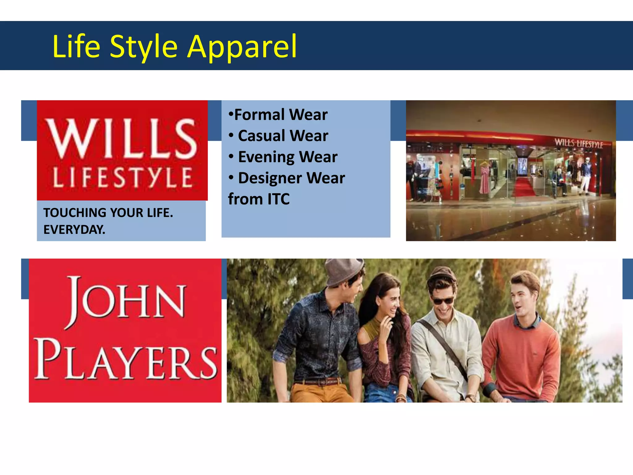 Life Style Apparel
•Formal Wear
• Casual Wear
• Evening Wear
• Designer Wear
from ITC
TOUCHING YOUR LIFE.
EVERYDAY.
 