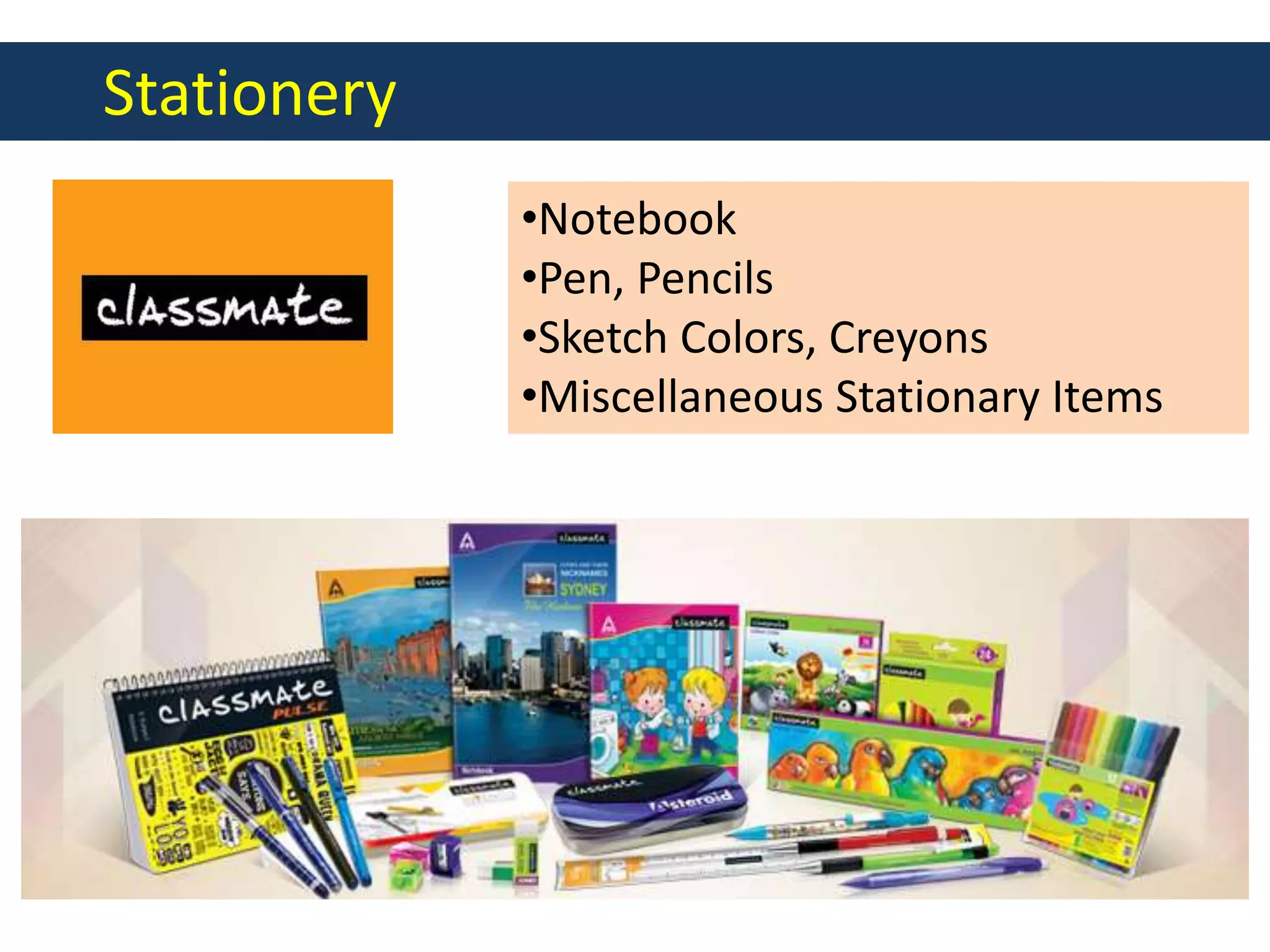 Stationery
•Notebook
•Pen, Pencils
•Sketch Colors, Creyons
•Miscellaneous Stationary Items
 