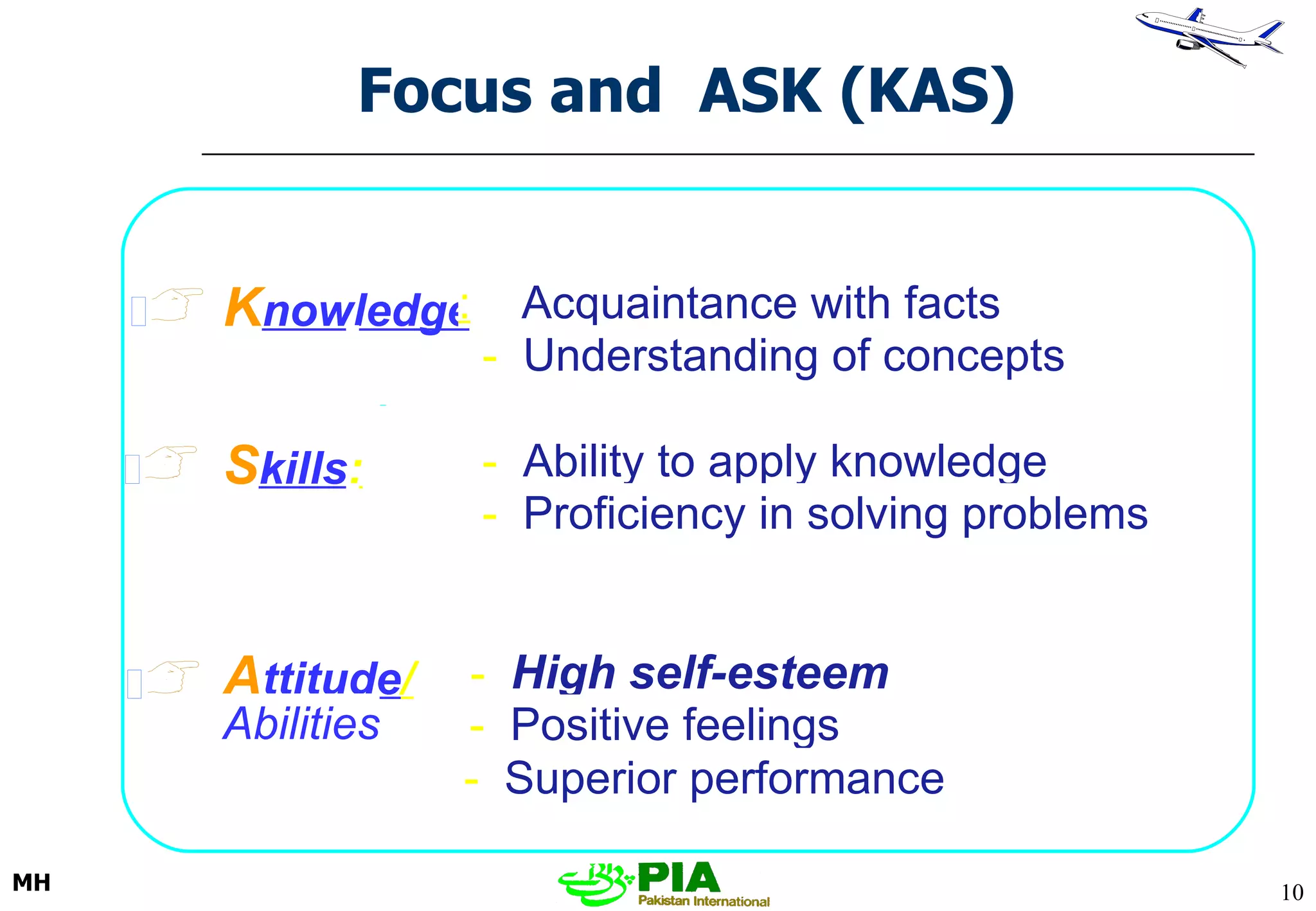 Focus and  ASK (KAS)  K nowledge : Acquaintance with facts  -  Understanding of concepts S kills : -  Ability to apply knowledge -  Proficiency in solving problems A ttitude / -  High self-esteem Abilities -  Positive feelings -  Superior performance  