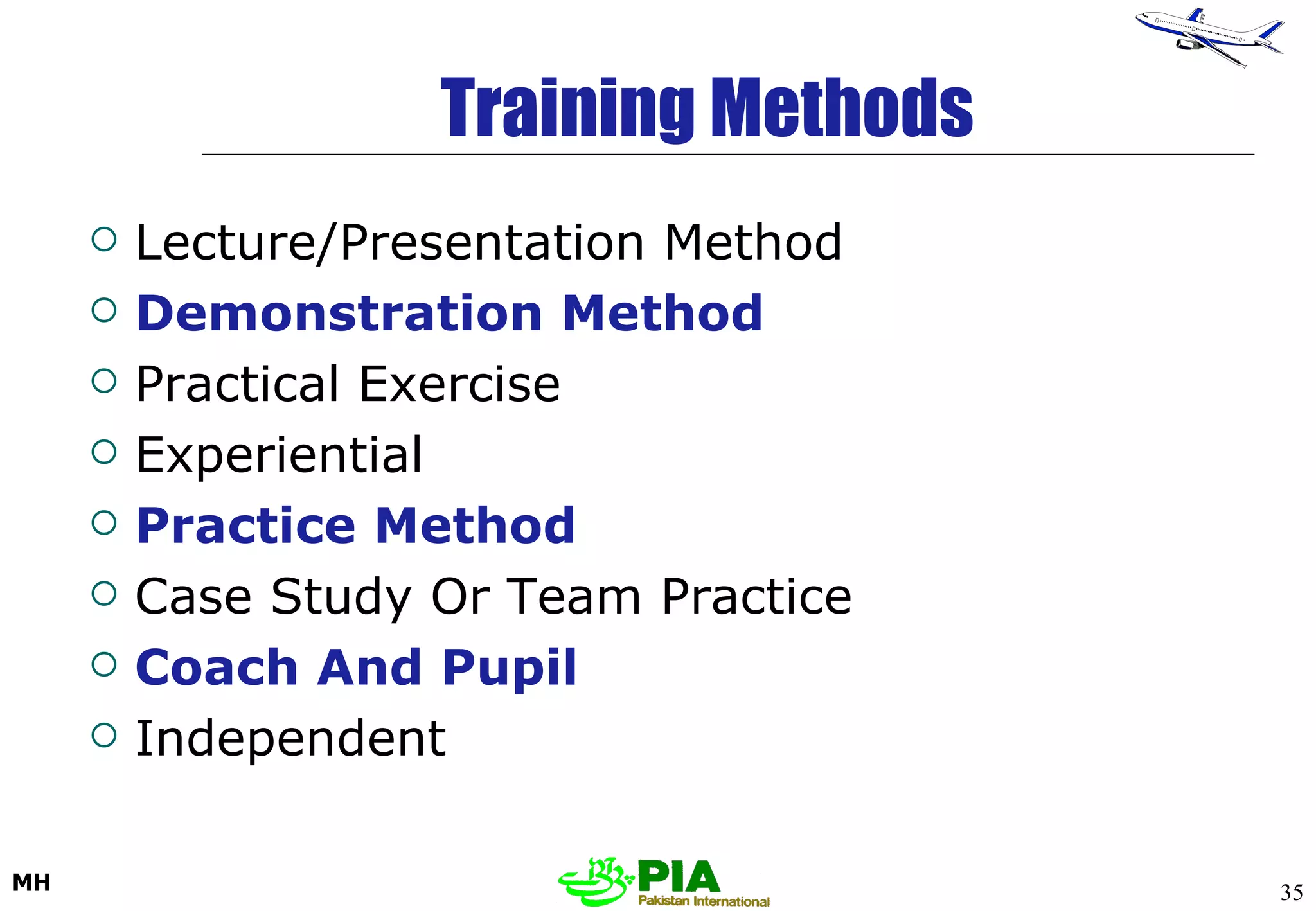 Training Methods Lecture/Presentation Method Demonstration Method Practical Exercise Experiential  Practice Method Case Study Or Team Practice Coach And Pupil Independent 