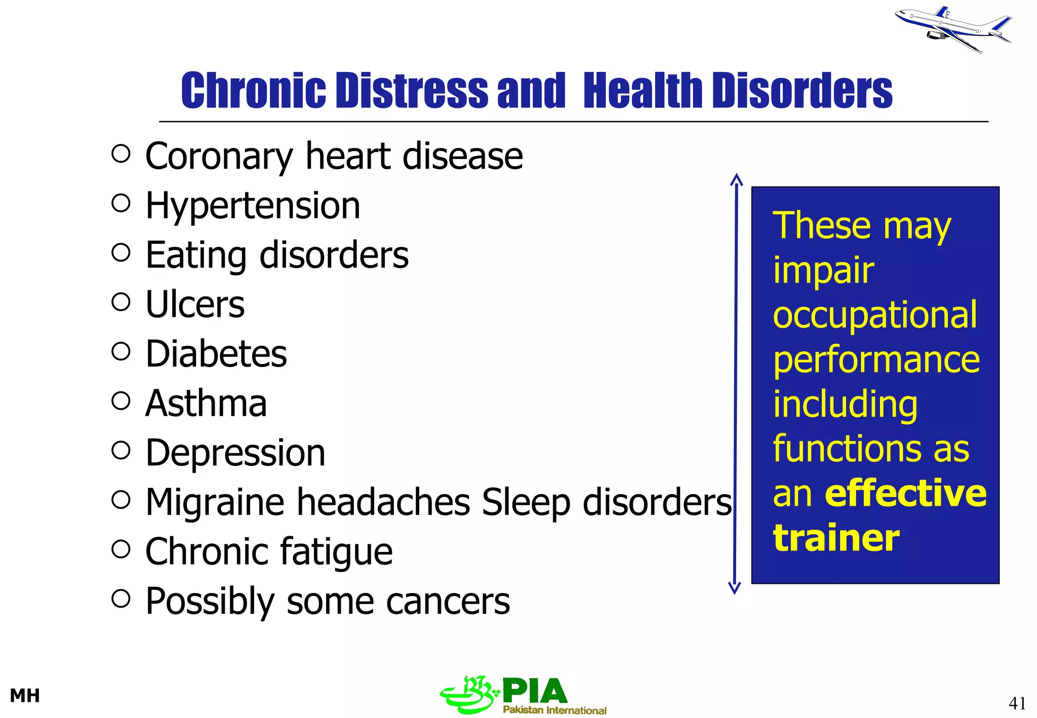 Chronic Distress and  Health Disorders  Coronary heart disease Hypertension Eating disorders Ulcers Diabetes Asthma Depression Migraine headaches Sleep disorders Chronic fatigue Possibly some cancers These may impair occupational performance including functions as an  effective trainer 