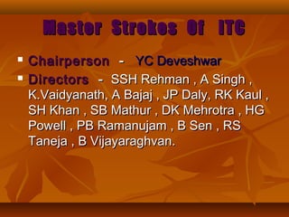 Master Strokes Of ITCMaster Strokes Of ITC
 ChairpersonChairperson -- YC DeveshwarYC Deveshwar
 DirectorsDirectors -- SSH Rehman , A Singh ,SSH Rehman , A Singh ,
K.Vaidyanath, A Bajaj , JP Daly, RK Kaul ,K.Vaidyanath, A Bajaj , JP Daly, RK Kaul ,
SH Khan , SB Mathur , DK Mehrotra , HGSH Khan , SB Mathur , DK Mehrotra , HG
Powell , PB Ramanujam , B Sen , RSPowell , PB Ramanujam , B Sen , RS
Taneja , B Vijayaraghvan.Taneja , B Vijayaraghvan.
 