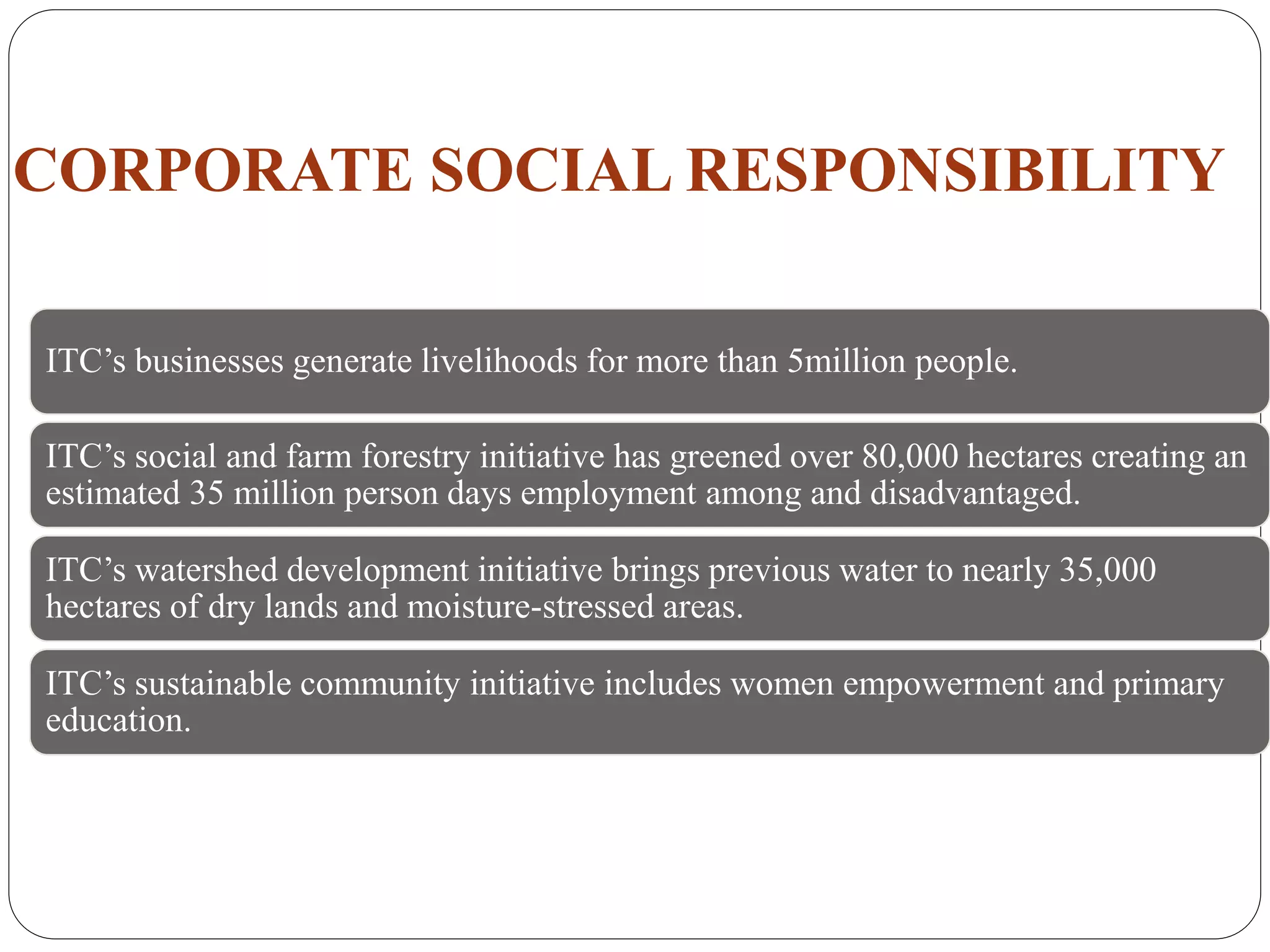 CORPORATE SOCIAL RESPONSIBILITY
ITC’s businesses generate livelihoods for more than 5million people.
ITC’s social and farm forestry initiative has greened over 80,000 hectares creating an
estimated 35 million person days employment among and disadvantaged.
ITC’s watershed development initiative brings previous water to nearly 35,000
hectares of dry lands and moisture-stressed areas.
ITC’s sustainable community initiative includes women empowerment and primary
education.
 