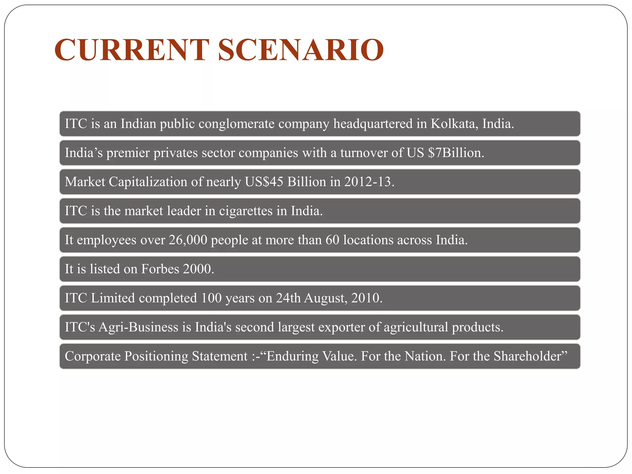 CURRENT SCENARIO
ITC is an Indian public conglomerate company headquartered in Kolkata, India.
India’s premier privates sector companies with a turnover of US $7Billion.
Market Capitalization of nearly US$45 Billion in 2012-13.
ITC is the market leader in cigarettes in India.
It employees over 26,000 people at more than 60 locations across India.
It is listed on Forbes 2000.
ITC Limited completed 100 years on 24th August, 2010.
ITC's Agri-Business is India's second largest exporter of agricultural products.
Corporate Positioning Statement :-“Enduring Value. For the Nation. For the Shareholder”
 