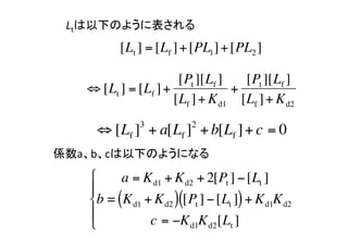 ٤¤Τ褦˱	
               [Lt ] = [Lf ] + [PL1 ] + [PL2 ]

                            [Pt ][Lf ]   [Pt ][Lf ]
         ? [Lt ] = [Lf ] +             +
                           [Lf ] + K d1 [Lf ] + K d2
     
                    3           2
           ? [Lf ] + a[Lf ] + b[Lf ] + c = 0
    Sabc¤Τ褦ˤʤ	

         ??     a = K d1 + K d2 + 2[Pt ] ? [Lt ]
         ??
        ??b = (K d1 + K d2 )([Pt ] ? [Lt ]) + K d1K d2
         ??
         ??           c = ?K d1K d2 [Lt ]
 