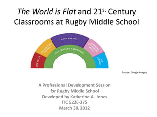 The World is Flat and 21st Century
Classrooms at Rugby Middle School




                                           Source: Google Images




      A Professional Development Session
            for Rugby Middle School
        Developed by Katherine A. Jones
                  ITC 5220-375
                 March 30, 2012
 