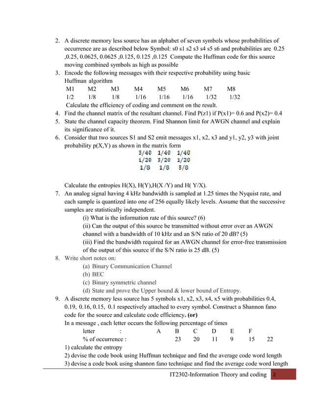 Information Theory and Coding Question Bank | PDF
