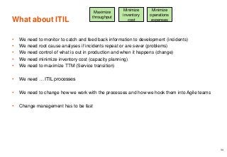 What about ITIL
• We need to monitor to catch and feed back information to development (incidents)
• We need root cause analyses if incidents repeat or are sever (problems)
• We need control of what is out in production and when it happens (change)
• We need minimize inventory cost (capacity planning)
• We need to maximize TTM (Service transition)
• We need … ITIL processes
• We need to change how we work with the processes and how we hook them into Agile teams
• Change management has to be fast
34
Maximize
throughput
Minimize
inventory
cost
Minimize
operations
expenses
 