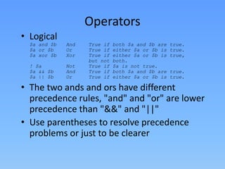 Operators
• Logical
$a and $b
$a or $b
$a xor $b

And
Or
Xor

! $a
$a && $b
$a || $b

Not
And
Or

True if
True if
True if
but not
True if
True if
True if

both $a and $b are
either $a or $b is
either $a or $b is
both.
$a is not true.
both $a and $b are
either $a or $b is

true.
true.
true,
true.
true.

• The two ands and ors have different
precedence rules, "and" and "or" are lower
precedence than "&&" and "||"
• Use parentheses to resolve precedence
problems or just to be clearer

 