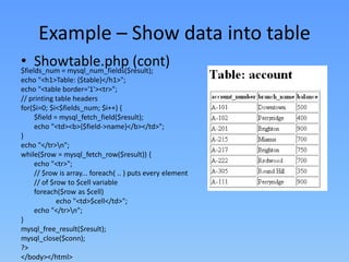 Example – Show data into table
• Showtable.php (cont)
$fields_num = mysql_num_fields($result);
echo "<h1>Table: {$table}</h1>";
echo "<table border='1'><tr>";
// printing table headers
for($i=0; $i<$fields_num; $i++) {
$field = mysql_fetch_field($result);
echo "<td><b>{$field->name}</b></td>";
}
echo "</tr>n";
while($row = mysql_fetch_row($result)) {
echo "<tr>";
// $row is array... foreach( .. ) puts every element
// of $row to $cell variable
foreach($row as $cell)
echo "<td>$cell</td>";
echo "</tr>n";
}
mysql_free_result($result);
mysql_close($conn);
?>
</body></html>

 