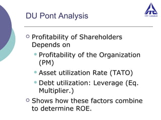 DU Pont Analysis


Profitability of Shareholders
Depends on
 Profitability

(PM)

 Asset

of the Organization

utilization Rate (TATO)

 Debt

utilization: Leverage (Eq.
Multiplier.)



Shows how these factors combine
to determine ROE.

 