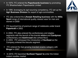  In 1979, ITC entered the Paperboards business by promoting
ITC Bhadrachalam Paperboards Limited
 In 1990, leveraging its agri-sourcing competency, ITC set up the
Agri Business Division for export of agri-commodities
 ITC also entered the Lifestyle Retailing business with the Wills
Sport range of international quality relaxed wear for men and
women in 2000
 ITC launched line of premium range of notebooks under brand
Paperkraft in 2002
 In 2002, ITC also entered the confectionery and staples
segments with the launch of the brands mint-o and Candyman
confectionery and Aashirvaad atta (wheat flour)
 In 2003, ITC witnessed the introduction of Sunfeast as the
Company entered the biscuits segment
 ITC entered the fast growing branded snacks category with
Bingo! in 2007
 In 2010, ITC launched Sunfeast Yippee! to enter the Indian
instant noodles market
 